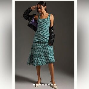 Anthropologie Teal and White Patterned Dress Small